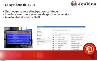 Le système de build
 Outil open source d'intégration continue
 Interface avec des systèmes de gestion de versions
 Apache Ant et scripts Shell
Friday, May 17, 13
 