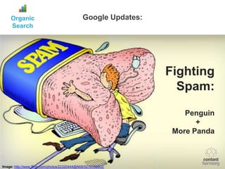Organic                                   Google Updates:
     Search




                                                                 Fighting
                                                                   Spam:

                                                                     Penguin
                                                                        +
                                                                  More Panda



Image: http://www.flickr.com/photos/22320444@N08/5270166802/
 