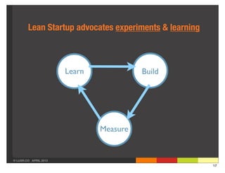 Lean Startup advocates experiments & learning



                       Learn             Build




                               Measure


© LUXR.CO APRIL 2013
                                                        17
 