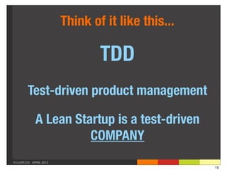Think of it like this...

                               TDD
        Test-driven product management

            A Lean Startup is a test-driven
                      COMPANY
© LUXR.CO APRIL 2013
                                                  19
 