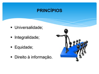 Universalidade;
 Integralidade;
 Equidade;
 Direito à informação.
PRINCÍPIOS
 