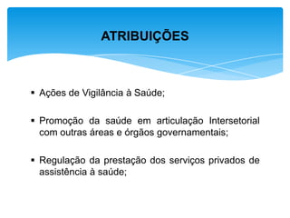  Ações de Vigilância à Saúde;
 Promoção da saúde em articulação Intersetorial
com outras áreas e órgãos governamentais;
 Regulação da prestação dos serviços privados de
assistência à saúde;
ATRIBUIÇÕES
 