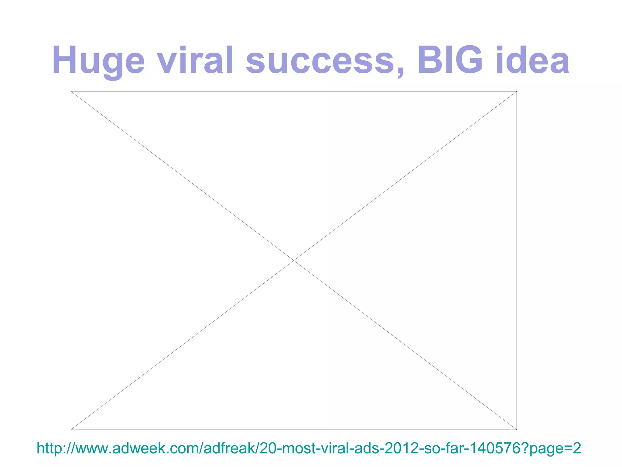 Huge viral success, BIG idea




http://www.adweek.com/adfreak/20-most-viral-ads-2012-so-far-140576?page=2
 