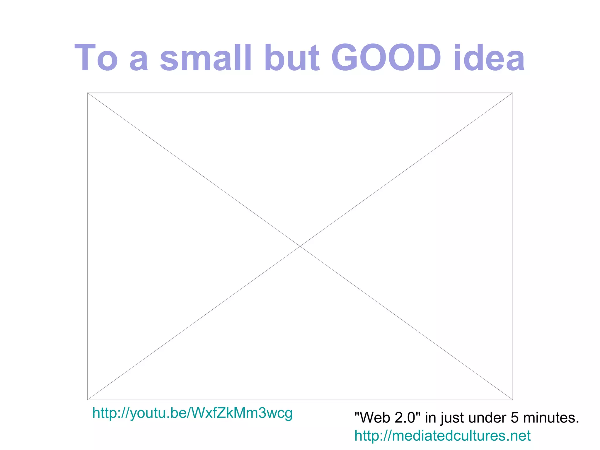 To a small but GOOD idea




http://youtu.be/WxfZkMm3wcg   "Web 2.0" in just under 5 minutes.
                              http://mediatedcultures.net
 