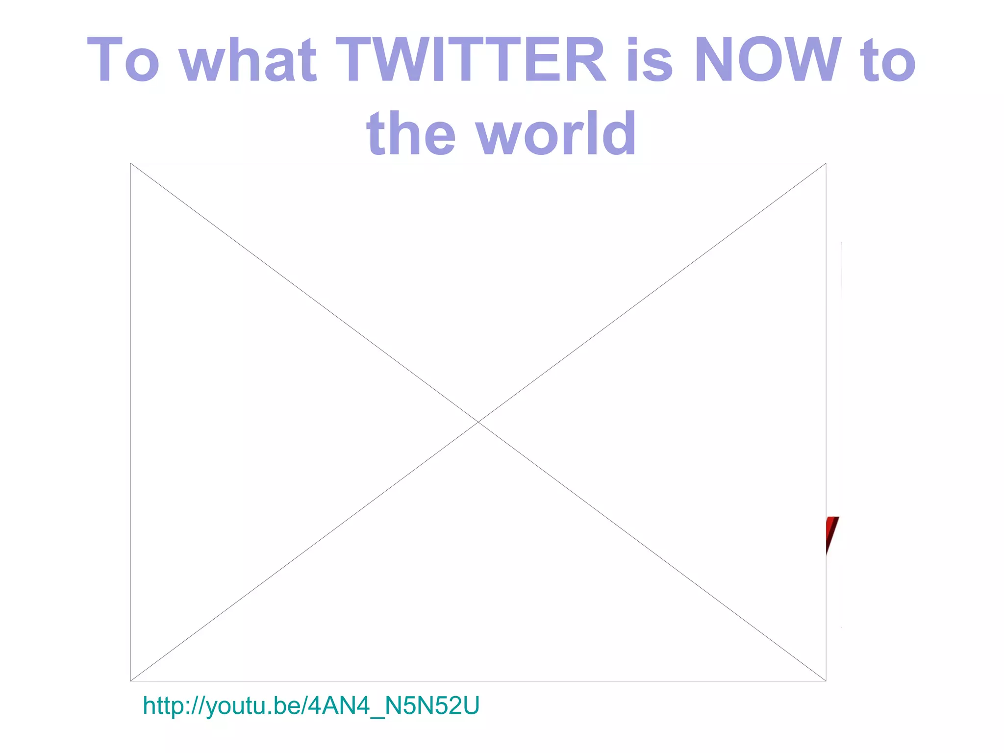 To what TWITTER is NOW to
         the world




 http://youtu.be/4AN4_N5N52U
 