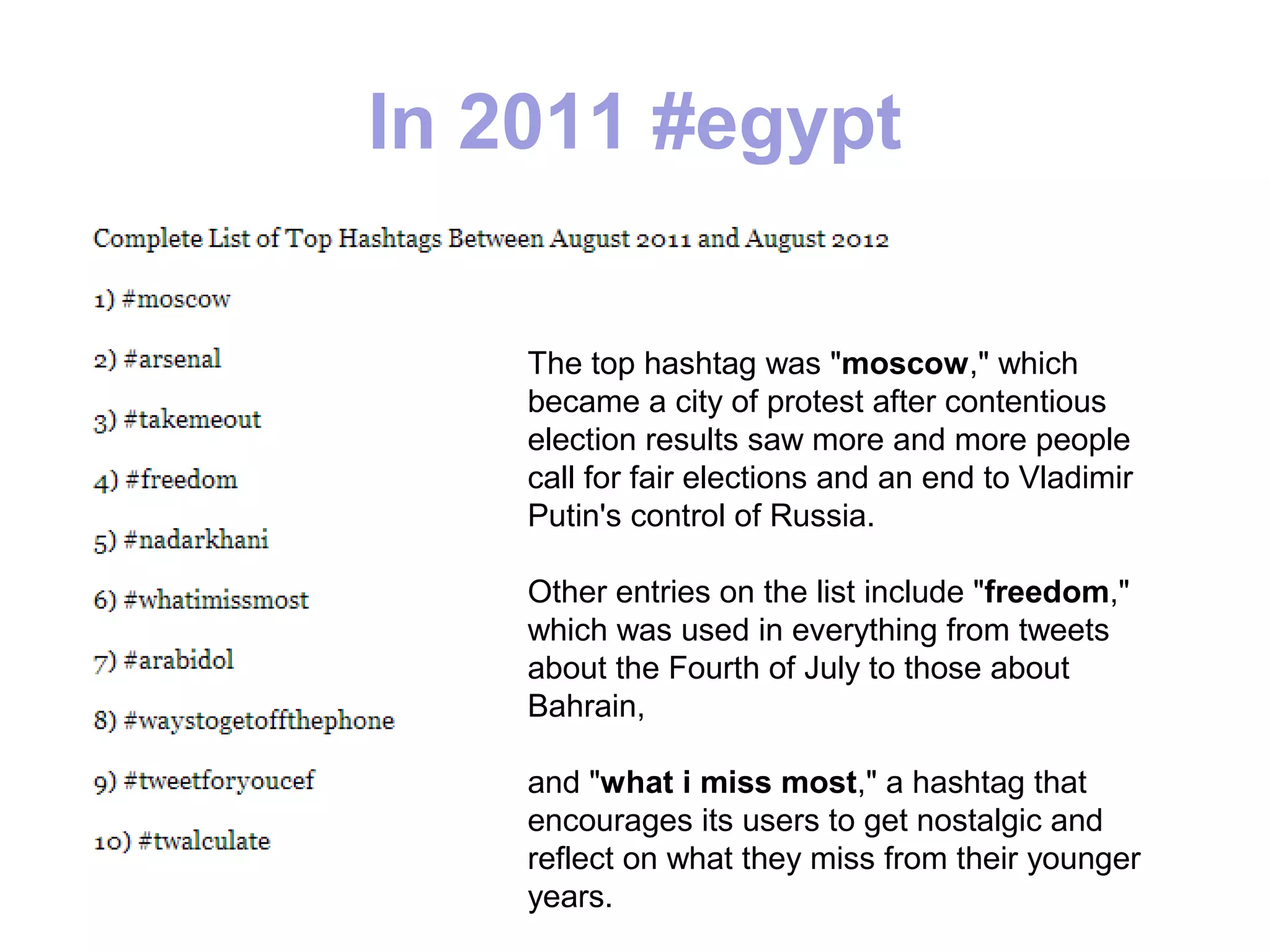 In 2011 #egypt

    The top hashtag was "moscow," which
    became a city of protest after contentious
    election results saw more and more people
    call for fair elections and an end to Vladimir
    Putin's control of Russia.

    Other entries on the list include "freedom,"
    which was used in everything from tweets
    about the Fourth of July to those about
    Bahrain,

    and "what i miss most," a hashtag that
    encourages its users to get nostalgic and
    reflect on what they miss from their younger
    years.
 