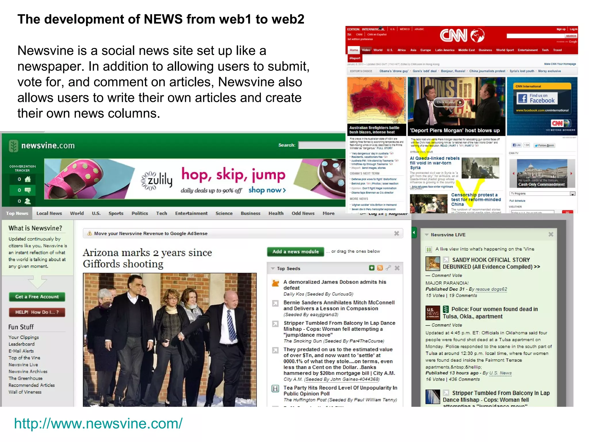 The development of NEWS from web1 to web2

Newsvine is a social news site set up like a
newspaper. In addition to allowing users to submit,
vote for, and comment on articles, Newsvine also
allows users to write their own articles and create
their own news columns.




http://www.newsvine.com/
 