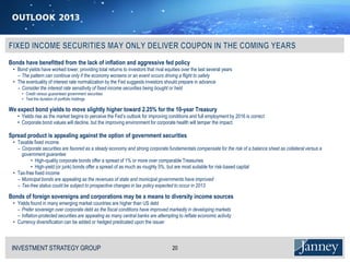 Bonds have benefitted from the lack of inflation and aggressive fed policy
 • Bond yields have worked lower, providing total returns to investors that rival equities over the last several years
   − The pattern can continue only if the economy worsens or an event occurs driving a flight to safety
 • The eventuality of interest rate normalization by the Fed suggests investors should prepare in advance
   − Consider the interest rate sensitivity of fixed income securities being bought or held
     • Credit versus guaranteed government securities
     • Test the duration of portfolio holdings

We expect bond yields to move slightly higher toward 2.25% for the 10-year Treasury
   • Yields rise as the market begins to perceive the Fed’s outlook for improving conditions and full employment by 2016 is correct
   • Corporate bond values will decline, but the improving environment for corporate health will temper the impact

Spread product is appealing against the option of government securities
 • Taxable fixed income
   − Corporate securities are favored as a steady economy and strong corporate fundamentals compensate for the risk of a balance sheet as collateral versus a
     government guarantee
          • High-quality corporate bonds offer a spread of 1% or more over comparable Treasuries
          • High-yield (or junk) bonds offer a spread of as much as roughly 5%, but are most suitable for risk-based capital
 • Tax-free fixed income
   − Municipal bonds are appealing as the revenues of state and municipal governments have improved
   − Tax-free status could be subject to prospective changes in tax policy expected to occur in 2013

Bonds of foreign sovereigns and corporations may be a means to diversity income sources
 • Yields found in many emerging market countries are higher than US debt
   − Prefer sovereign over corporate debt as the fiscal conditions have improved markedly in developing markets
   − Inflation-protected securities are appealing as many central banks are attempting to reflate economic activity
 • Currency diversification can be added or hedged predicated upon the issuer



 INVESTMENT STRATEGY GROUP
 I N V E S T M E N T S T R AT E G Y G R O U P                                         20
 