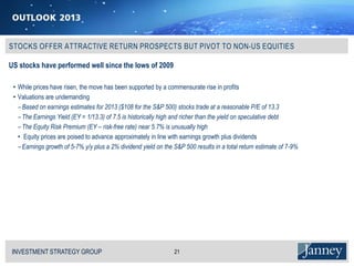 US stocks have performed well since the lows of 2009

 • While prices have risen, the move has been supported by a commensurate rise in profits
 • Valuations are undemanding
   − Based on earnings estimates for 2013 ($108 for the S&P 500) stocks trade at a reasonable P/E of 13.3
   − The Earnings Yield (EY = 1/13.3) of 7.5 is historically high and richer than the yield on speculative debt
   − The Equity Risk Premium (EY – risk-free rate) near 5.7% is unusually high
   • Equity prices are poised to advance approximately in line with earnings growth plus dividends
   − Earnings growth of 5-7% y/y plus a 2% dividend yield on the S&P 500 results in a total return estimate of 7-9%




INVESTMENT STRATEGY GROUP
I N V E S T M E N T S T R AT E G Y G R O U P                     21
 