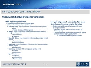 US equity markets should produce near trend returns

   Large, high-quality companies                                                       Low-yield fatigue may force a rotation from bonds
    − Shift emphasis back to those that are globally geared
    − Sector sentiment is increasingly less defensive
                                                                                       to stocks as an income-producing alternative
      • Consumer facing – improving consumer condition bodes well for spending          – Dividend payers will be rewarded as the search for income
               » Autos                                                                    sources goes unabated
               » Housing stocks and related companies                                     • Seek payers that have an extended history of raising the
                                                                                            dividend regularly
      • Energy – 55% of oil consumption comes from the near inelastic demand of
        emerging market countries                                                         • Conventional areas for dividends, such as Utilities and Telecom,
                                                                                            sport rich valuations capping upside potential
               » Major integrated
                                                                                                    » Consider healthcare, energy and tech instead
               » Oil services
      • Financials – balance sheet improvement and increased spending on financial
        services
               » Regional banks
               » Insurance companies
      • Health care – inexpensive valuations and growing health care expenditures in
        emerging markets
               » Medical device
      • Technology – benefactor of the coming capital spending revival
               » Software
               » Semiconductors
      • Special situation
               » Gold miners
               » Non-gold miners
               » Select industrials



INVESTMENT STRATEGY GROUP
I N V E S T M E N T S T R AT E G Y G R O U P                                  23
 