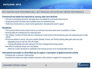 Commercial real estate has improved as vacancy rates have declined
   • The lack of overbuilding during the real estate boom has helped the commercial market recover
   • Employment growth has drawn down available space and hardened pricing
   • Yields have moved lower as a result of price appreciation, decreasing this sector’s appeal

Residential
   • The housing market recovery should continue as inventories have been drawn down to equilibrium or below
   • Housing starts are increasing but at a measured pace
   • The “shadow” inventory of homes that are in foreclosure or bank-owned is less threatening, given the quickening pace of sales
     activity
   • Prices have started to recover, with some markets (Nevada, Arizona, and Florida) showing steep gains year-over-year
       − Aggregate prices are still near 30% off of highs
       − Housing affordability will remain high given the Fed’s mortgage-bond buying program
   • New IPOs of residential roll-ups are in the pipeline
       − Allows for a public mechanism to participate in the housing recovery via an exchange-listed security

International real estate is a diversified way to capture a resumption of global economic activity
   • Emerging Asia, in particular, holds promise
   • Canada and Australia have highly indebted consumers, which could be a negative for housing activity



 INVESTMENT STRATEGY GROUP
 I N V E S T M E N T S T R AT E G Y G R O U P                    28
 