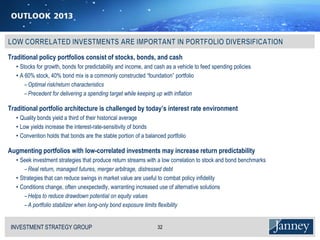 Traditional policy portfolios consist of stocks, bonds, and cash
   • Stocks for growth, bonds for predictability and income, and cash as a vehicle to feed spending policies
   • A 60% stock, 40% bond mix is a commonly constructed “foundation” portfolio
       − Optimal risk/return characteristics
       − Precedent for delivering a spending target while keeping up with inflation

Traditional portfolio architecture is challenged by today’s interest rate environment
   • Quality bonds yield a third of their historical average
   • Low yields increase the interest-rate-sensitivity of bonds
   • Convention holds that bonds are the stable portion of a balanced portfolio

Augmenting portfolios with low-correlated investments may increase return predictability
   • Seek investment strategies that produce return streams with a low correlation to stock and bond benchmarks
       − Real return, managed futures, merger arbitrage, distressed debt
   • Strategies that can reduce swings in market value are useful to combat policy infidelity
   • Conditions change, often unexpectedly, warranting increased use of alternative solutions
       − Helps to reduce drawdown potential on equity values
       − A portfolio stabilizer when long-only bond exposure limits flexibility


 INVESTMENT STRATEGY GROUP
 I N V E S T M E N T S T R AT E G Y G R O U P                     32
 