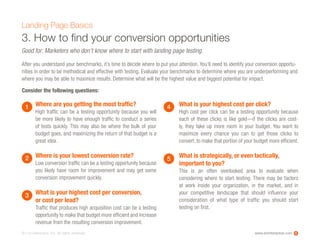 www.ioninteractive.com© i-on interactive, inc. All rights reserved.
3. How to find your conversion opportunities
Where are you getting the most traffic?
High traffic can be a testing opportunity because you will
be more likely to have enough traffic to conduct a series
of tests quickly. This may also be where the bulk of your
budget goes, and maximizing the return of that budget is a
great idea.
Where is your lowest conversion rate?
Low conversion traffic can be a testing opportunity because
you likely have room for improvement and may get some
conversion improvement quickly.
What is your highest cost per conversion,
or cost per lead?
Traffic that produces high acquisition cost can be a testing
opportunity to make that budget more efficient and increase
revenue from the resulting conversion improvement.
Landing Page Basics
Good for: Marketers who don’t know where to start with landing page testing.
9
After you understand your benchmarks, it’s time to decide where to put your attention. You’ll need to identify your conversion opportu-
nities in order to be methodical and effective with testing. Evaluate your benchmarks to determine where you are underperforming and
where you may be able to maximize results. Determine what will be the highest value and biggest potential for impact.
What is your highest cost per click?
High cost per click can be a testing opportunity because
each of these clicks is like gold—if the clicks are cost-
ly, they take up more room in your budget. You want to
maximize every chance you can to get those clicks to
convert, to make that portion of your budget more efficient.
What is strategically, or even tactically,
important to you?
This is an often overlooked area to evaluate when
considering where to start testing. There may be factors
at work inside your organization, in the market, and in
your competitive landscape that should influence your
consideration of what type of traffic you should start
testing on first.
1
2
3
4
5
Consider the following questions:
 