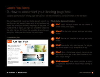www.ioninteractive.com© i-on interactive, inc. All rights reserved. 22
9. How to document your landing page test
Landing Page Testing
Good for: Each and every landing page test you run. Test documentation is just as important as the test itself.
Documenting your tests ensures your testing approach is sound, you
learn from each test wave and have a record of test hypotheses and
results. With a test plan document, everything is in one place. For
multiple brands, or regions, you might have a handful of categorized
files rather than one file. Think of this cumulative document as your
testing story, building over time, learning from each chapter.
Who? Active women age 25-40
looking for performance gear.
What? A/B Test - A) Lightbox
form page vs. B) Having the form
directly on the landing page.
Where? Pay-per-click/content
network traffic for Google
and Bing.
When? Will run until 95%
statistical significance is
reached.
Why? Hypothesis is that a
form on page will increase
conversions.
A/B Test Plan
B
A
Example test plan
Who? Identify the target audience and their behavior or
context learning to the page(s).
Where? List the traffic source(s) where you are running
the test.
Why? Describe your hypothesis for why you are running
the test.
What? Describe the test in plain language. The test plan
also includes screen shots or wireframes of the test.
When? When is the test going to launch, how long do you
anticipate it will run and to what level of statistical confi-
dence are you testing?
What happened? When the test concludes at statisti-
cal significance, document the results and any learnings or
inferences.
?
?
?
?
?
?
The test plan document includes:
 