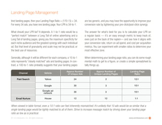 www.ioninteractive.com© i-on interactive, inc. All rights reserved.
tinct landing pages, then your Landing Page Ratio = (170 / 5) = 34.
For every 34 ads, you have one landing page.Your LPR is 34-to-1.
What should your LPR be? It depends. A 1-to-1 ratio would be a
“perfect match” between a Long Tail of online advertising and a
Long Tail of landing pages, giving you the maximum specificity for
each niche audience and the greatest synergy with each individual
ad. But that level of granularity and scale may not be practical, or
the best use of resources.
Generally, although it will be different for each company, a 10-to-1
ratio represents “closely matched” ads and landing pages. In con-
trast, a 100-to-1 ratio probably suggests that your landing pages
are too generic, and you may have the opportunity to improve your
conversion rate by tightening your pre-click/post-click synergy.
The answer for what’s best for you is to calculate your LPR on
a regular basis — it’s an easy enough metric to keep track of,
even just on the back of the napkin— and see how it aligns with
your conversion rate, return on ad spend, and cost per acquisition
metrics. You can experiment with smaller ratios to determine your
most effective zone.
When determining your landing page ratio, you can do some rough
mental math to get to a figure, or create a simple spreadsheet to
tally things up.
Landing Page Management
26
Vehicle
Approx Number
of Unique Ads
Approx Number of
Unique Landing Pages
Landing Page
Ratio
Paid Search Yahoo
Google
House
Google ad
network
24
30
30
12 12
2 12:1
10:1
10:1
1:1
3
3
Email Nurture
Channel
When viewed in table format, even a 10:1 ratio can feel inherently mismatched. It’s unlikely that 10 ads would be so similar that a
single landing page would be tightly matched to all of them. Strive to increase message match by driving down your landing page
ratio as low as is practical.
 