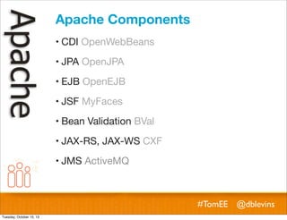 Apache Components
! CDI OpenWebBeans
! JPA OpenJPA
! EJB OpenEJB
! JSF MyFaces
! Bean Validation BVal
! JAX-RS, JAX-WS CXF
! JMS ActiveMQ

#TomEE @dblevins
Tuesday, October 15, 13

 