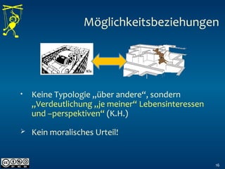 16
Möglichkeitsbeziehungen
 Kein moralisches Urteil!
• Keine Typologie „über andere“, sondern
„Verdeutlichung „je meiner“ Lebensinteressen
und –perspektiven“ (K.H.)
 