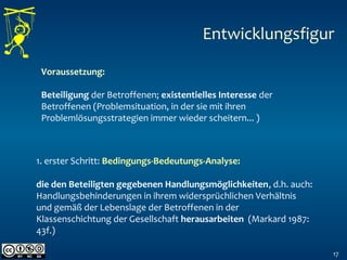 17
Voraussetzung:
Beteiligung der Betroffenen; existentielles Interesse der
Betroffenen (Problemsituation, in der sie mit ihren
Problemlösungsstrategien immer wieder scheitern... )
 
Entwicklungsfigur
1. erster Schritt: Bedingungs-Bedeutungs-Analyse:
die den Beteiligten gegebenen Handlungsmöglichkeiten, d.h. auch:
Handlungsbehinderungen in ihrem widersprüchlichen Verhältnis
und gemäß der Lebenslage der Betroffenen in der
Klassenschichtung der Gesellschaft herausarbeiten (Markard 1987:
43f.)
 