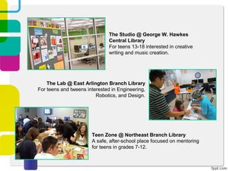 The Studio @ George W. Hawkes
                               Central Library
                               For teens 13-18 interested in creative
                               writing and music creation.




    The Lab @ East Arlington Branch Library
For teens and tweens interested in Engineering,
                         Robotics, and Design.




                       Teen Zone @ Northeast Branch Library
                       A safe, after-school place focused on mentoring
                       for teens in grades 7-12.
 