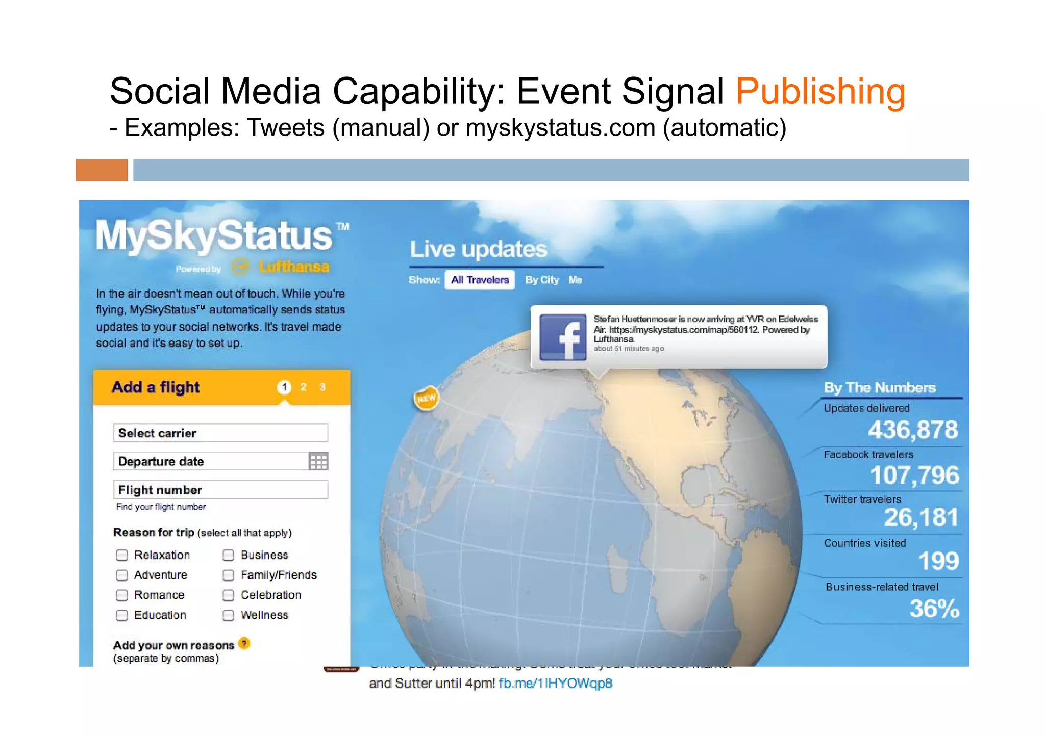 Social Media Capability: Event Signal Publishing
- Examples: Tweets (
                   (manual) or myskystatus.com (
                          )                    (automatic)
                                                         )
 