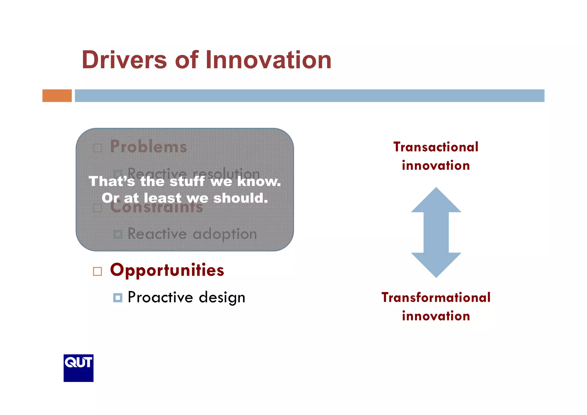 Drivers of Innovation


  Problems                   Transactional
                              innovation
                              i       i
     Reactive resolution
That’s the stuff we know.
 Or at least we should.
  Constraints
     Reactive adoption

  Opportunities
     Proactive design       Transformational
                               innovation
 