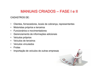 •  Como Trabalhar o passado e seguir adiante

MANUAIS CRIADOS – FASE I e II

CADASTROS DE:
• 
• 
• 
• 
• 
• 
• 
• 
• 

Clientes, fornecedores, locais de cobrança, representantes
Motoristas próprios e terceiros
Funcionários e movimentadores
Gerenciamento de informações adicionais
Veículos próprios
Veículos de terceiros
Veículos vinculados
Frotas
Importação de veículos de outras empresas

 