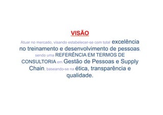 •  Como Trabalhar o passado e seguir adiante

VISÃO
excelência
no treinamento e desenvolvimento de pessoas,
Atuar no mercado, visando estabelecer-se com total
sendo uma REFERÊNCIA EM

CONSULTORIA em Gestão

TERMOS DE

de Pessoas e Supply
Chain, baseando-se na ética, transparência e
qualidade.

 