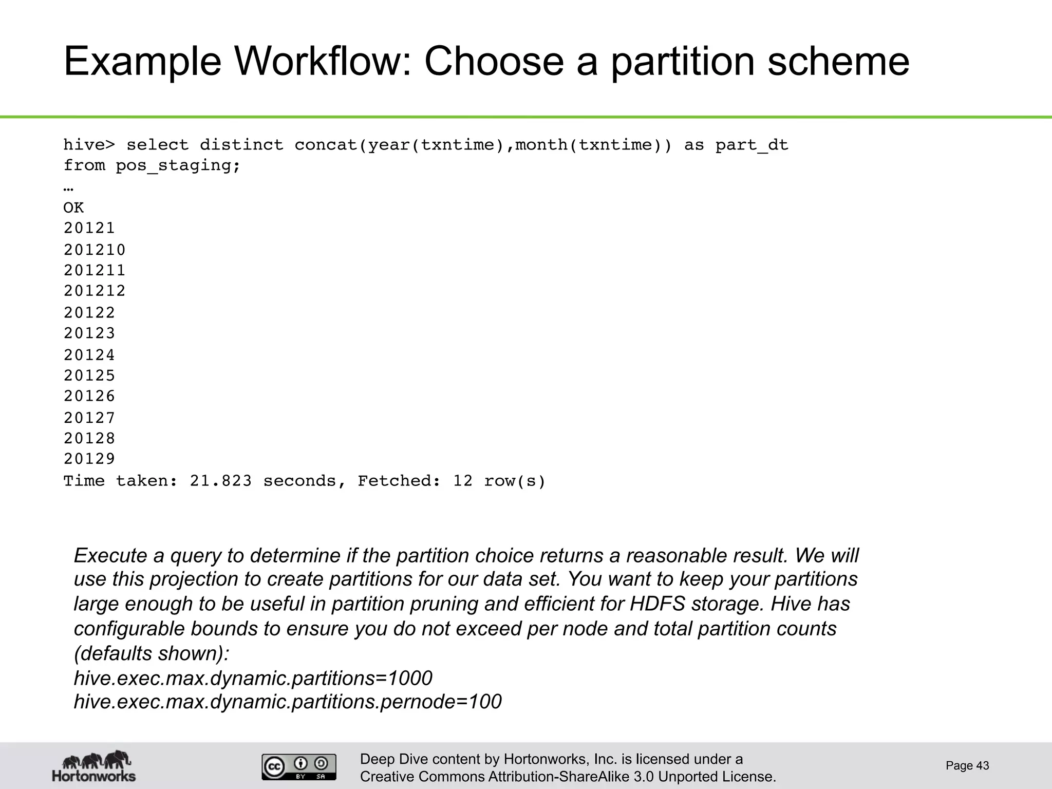 Deep Dive content by Hortonworks, Inc. is licensed under a
Creative Commons Attribution-ShareAlike 3.0 Unported License.
Example Workflow: Choose a partition scheme
Page 43
hive> select distinct concat(year(txntime),month(txntime)) as part_dt !
from pos_staging;!
…!
OK!
20121!
201210!
201211!
201212!
20122!
20123!
20124!
20125!
20126!
20127!
20128!
20129!
Time taken: 21.823 seconds, Fetched: 12 row(s)!
Execute a query to determine if the partition choice returns a reasonable result. We will
use this projection to create partitions for our data set. You want to keep your partitions
large enough to be useful in partition pruning and efficient for HDFS storage. Hive has
configurable bounds to ensure you do not exceed per node and total partition counts
(defaults shown):
hive.exec.max.dynamic.partitions=1000
hive.exec.max.dynamic.partitions.pernode=100
 