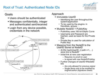 Root of Trust: Authenticated Node IDs 
Approach 
 Immutable UserID 
• Identifying the user throughout the 
system/application 
• To be used by the plugins: in 
friendlists, groups … 
 Mutable NodeID = PublicKey 
• PublicKey uses 160 bit Elliptic Curve 
• Username and Password are 
hashed, used as basis for the Private 
Key 
• Private Key is used for calculation of 
Public Key 
 Mapping from the NodeID to the 
UserID stored at NodeID 
• At IDs hash(UserID_i) (with i=1,…) 
store link to NodeID 
• Initial link at new user registration 
– Requires no proof on user 
– Is signed with new NodeID/PubKey 
• Further changes of UserIDNodeID 
link 
– Are only allowed for previous signer 
– Single Items only to be modified by 
original author (signature check) 
Jun.-Prof. Dr.-Ing. Kalman Graffi, P2P-Framework for Social Networks, www.p2pframework.com 26 
Goals 
 Users should be authenticated 
 Messages confidentially, integer 
and authenticated sent/received 
 Login from any device possible, 
credentials in the network 
 
