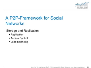 A P2P-Framework for Social 
Networks 
Storage and Replication 
Jun.-Prof. Dr.-Ing. Kalman Graffi, P2P-Framework for Social Networks, www.p2pframework.com 29 
 Replication 
 Access Control 
 Load-balancing 
 