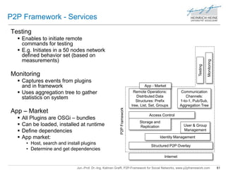 P2P Framework - Services 
Remote Operations: 
Distributed Data 
Structures: Prefix 
tree, List, Set, Groups 
Access Control 
Identity Management 
Jun.-Prof. Dr.-Ing. Kalman Graffi, P2P-Framework for Social Networks, www.p2pframework.com 61 
Testing 
 Enables to initiate remote 
commands for testing 
 E.g. Initiates in a 50 nodes network 
defined behavior set (based on 
measurements) 
Monitoring 
 Captures events from plugins 
and in framework 
 Uses aggregation tree to gather 
statistics on system 
App – Market 
 All Plugins are OSGi – bundles 
 Can be loaded, installed at runtime 
 Define dependencies 
 App market: 
• Host, search and install plugins 
• Determine and get dependencies 
Internet 
Storage and 
Replication 
Communication 
Channels: 
1-to-1, Pub/Sub, 
Aggregation Tree 
User & Group 
Management 
Structured P2P Overlay 
Monitoring 
Testing 
P2P Framework 
App - Market 
 