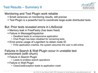 Test Results – Summary II 
Monitoring and Test Plugin work reliable 
 Small variances on monitoring results, still precise 
 Test Plugin is a powerful tool to coordinate large-scale distributed tests 
But: Prior tests revealed errors in LifeSocial 
 Memory leak in FreePastry (has been fixed) 
 Failure in MessageDispatcher 
• Deadlock leads to unresponsive application 
• Chat Plugin has been disabled for remaining tests 
 Error-prone usage of LoginItem to obtain node ID 
• If the application crashes, the system assumes the user is still online 
Failures in Search & Wall Plugin occur in unstable test 
environment (with churn) 
 Failure in Search Plugin 
• Leads to endless search operations 
 Failure in Wall Plugin 
• ClassCastException leads to application crash 
Jun.-Prof. Dr.-Ing. Kalman Graffi, P2P-Framework for Social Networks, www.p2pframework.com 84 
 