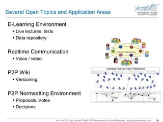 Several Open Topics and Application Areas 
E-Learning Environment 
Jun.-Prof. Dr.-Ing. Kalman Graffi, P2P-Framework for Social Networks, www.p2pframework.com 99 
 Live lectures, tests 
 Data repository 
Realtime Communication 
 Voice / video 
P2P Wiki 
 Versioning 
P2P Normsetting Environment 
 Proposals, Votes 
 Decisions 
General Peer-to-Peer Framework 
Service and Ressource Access Networking and Storage Monitoring and Control Security and Privacy 
 