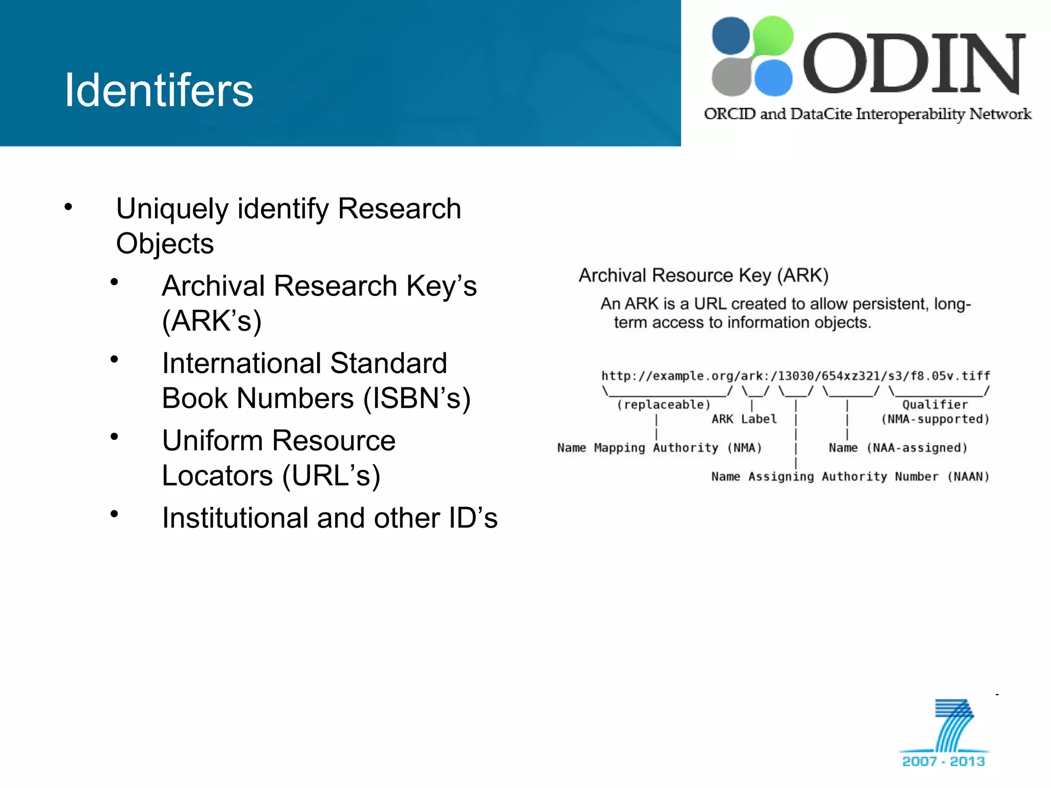 Identifers
• Uniquely identify Research
Objects
• Archival Research Key’s
(ARK’s)
• International Standard
Book Numbers (ISBN’s)
• Uniform Resource
Locators (URL’s)
• Institutional and other ID’s
 