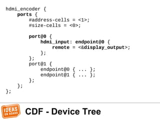 CDF - Device Tree
hdmi_encoder {
ports {
#address-cells = <1>;
#size-cells = <0>;
port@0 {
hdmi_input: endpoint@0 {
remote = <&display_output>;
};
};
port@1 {
endpoint@0 { ... };
endpoint@1 { ... };
};
};
};
 