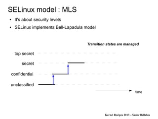 Kernel Recipes 2013 – Samir Bellabes
SELinux model : MLS
● It's about security levels
● SELinux implements Bell-Lapadula model
secret
top secret
confidential
unclassified
Transition states are managed
time
 