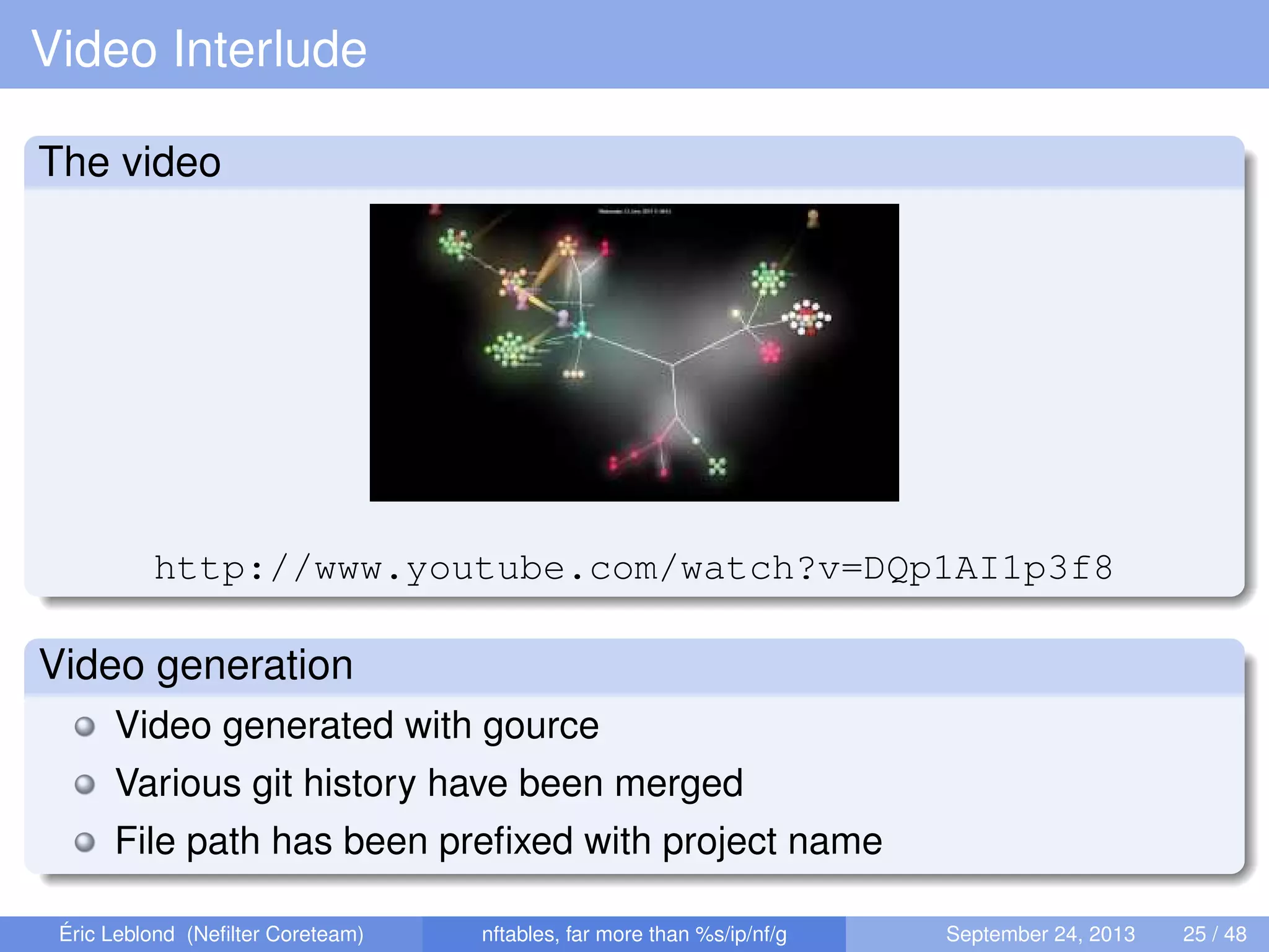 Video Interlude
The video
http://www.youtube.com/watch?v=DQp1AI1p3f8
Video generation
Video generated with gource
Various git history have been merged
File path has been preﬁxed with project name
Éric Leblond (Neﬁlter Coreteam) nftables, far more than %s/ip/nf/g September 24, 2013 25 / 48
 
