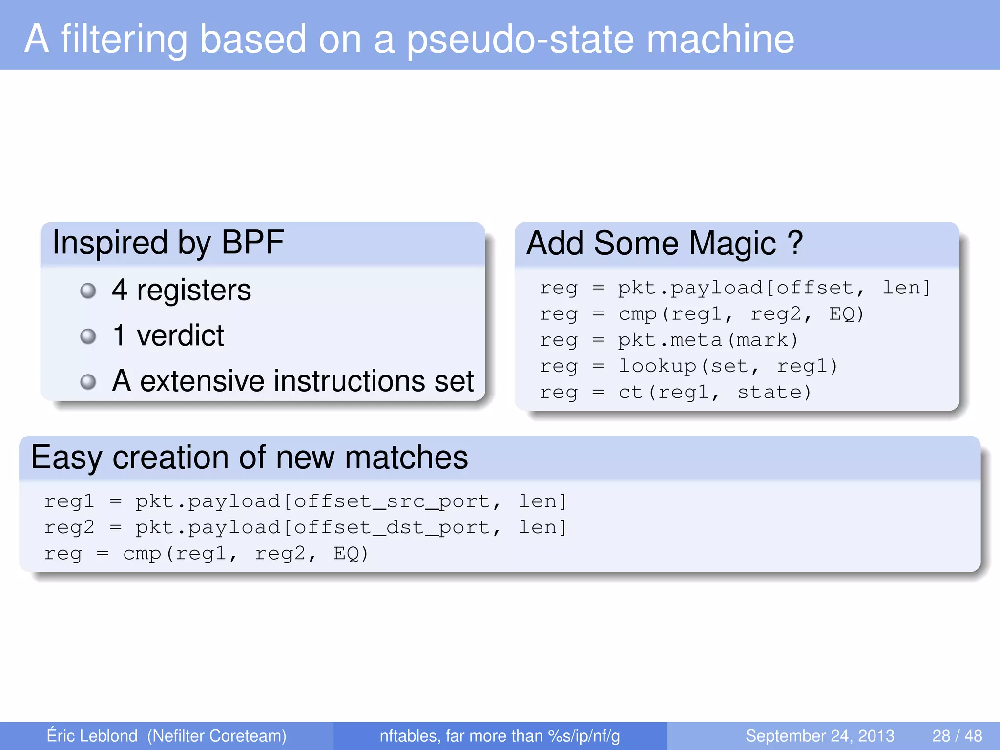 A ﬁltering based on a pseudo-state machine
Inspired by BPF
4 registers
1 verdict
A extensive instructions set
Add Some Magic ?
reg = pkt.payload[offset, len]
reg = cmp(reg1, reg2, EQ)
reg = pkt.meta(mark)
reg = lookup(set, reg1)
reg = ct(reg1, state)
Easy creation of new matches
reg1 = pkt.payload[offset_src_port, len]
reg2 = pkt.payload[offset_dst_port, len]
reg = cmp(reg1, reg2, EQ)
Éric Leblond (Neﬁlter Coreteam) nftables, far more than %s/ip/nf/g September 24, 2013 28 / 48
 
