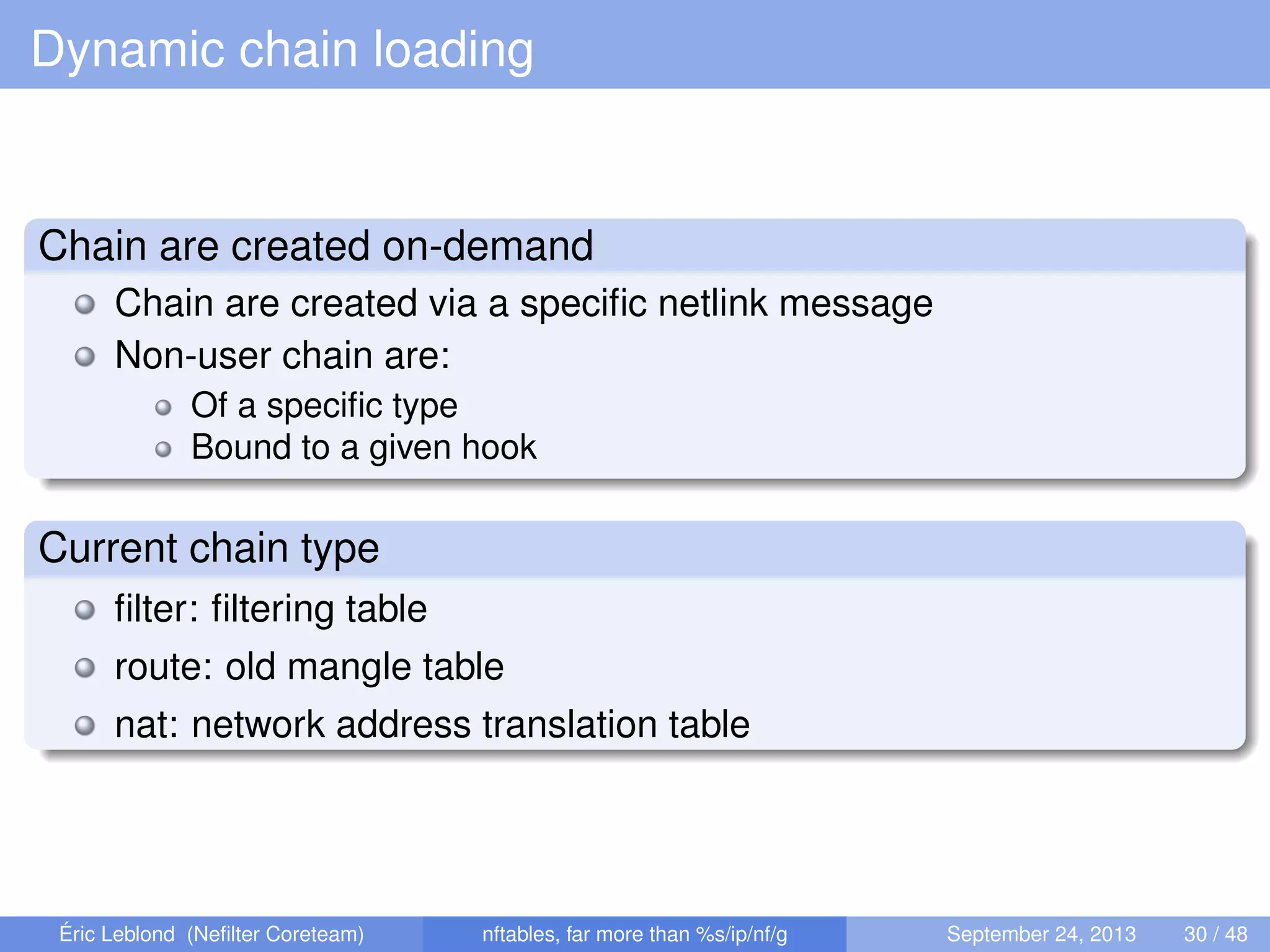 Dynamic chain loading
Chain are created on-demand
Chain are created via a speciﬁc netlink message
Non-user chain are:
Of a speciﬁc type
Bound to a given hook
Current chain type
ﬁlter: ﬁltering table
route: old mangle table
nat: network address translation table
Éric Leblond (Neﬁlter Coreteam) nftables, far more than %s/ip/nf/g September 24, 2013 30 / 48
 
