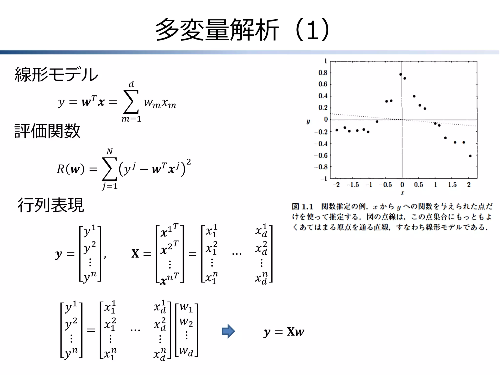 多変量解析（1）
線形モデル

𝑑

𝑦 = 𝒘𝑇 𝒙=

𝑤𝑚𝑥

𝑚

𝑚=1

評価関数
𝑁

𝑦𝑗 − 𝒘𝑇 𝒙𝑗

𝑅 𝒘 =

2

𝑗=1

行列表現
𝑦1
𝑦2 ,
𝒚=
⋮
𝑦𝑛
1
𝑥1
𝑦1
2
𝑦 2 = 𝑥1
⋮
⋮
𝑛
𝑦
𝑥1𝑛

𝑇
1
𝑥1
𝒙1
𝑇
2
𝒙2 = 𝑥1
𝐗=
⋮
⋮
𝑇
𝑥1𝑛
𝒙𝑛

⋯

𝑥1
𝑑
𝑥2
𝑑
⋮
𝑥 𝑑𝑛

𝑤1
𝑤2
⋮
𝑤𝑑

⋯

𝑥1
𝑑
2
𝑥𝑑
⋮
𝑥 𝑑𝑛

𝒚 = 𝐗𝒘

 