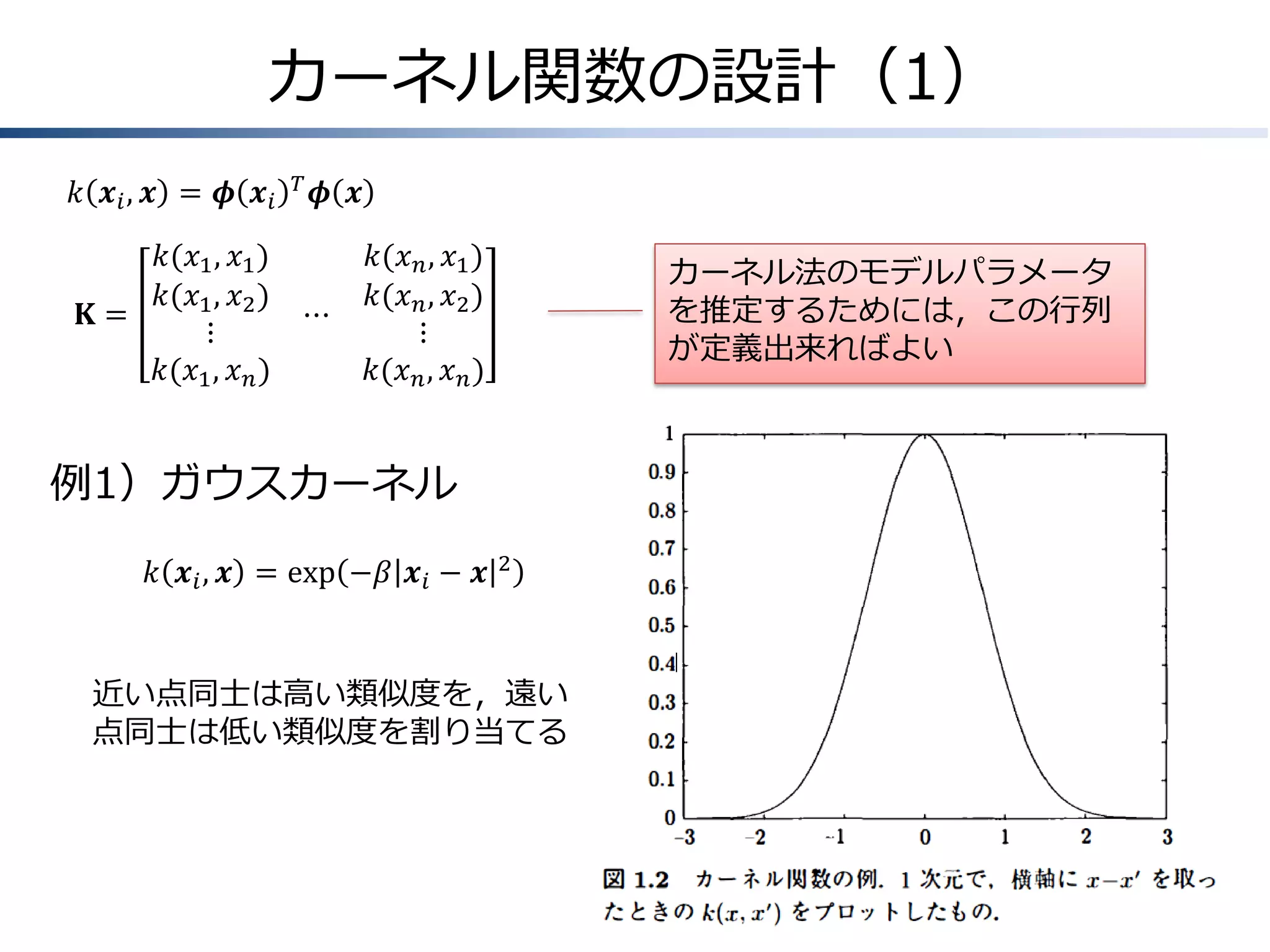カーネル関数の設計（1）
𝑘 𝒙 𝑖, 𝒙 = 𝝓 𝒙 𝑖

𝑇

𝝓 𝒙

𝑘(𝑥1 , 𝑥1 )
𝑘(𝑥1 , 𝑥2 )
𝐊=
⋯
⋮
𝑘(𝑥1 , 𝑥 𝑛 )

𝑘(𝑥 𝑛 , 𝑥1 )
𝑘(𝑥 𝑛 , 𝑥2 )
⋮
𝑘(𝑥 𝑛 , 𝑥 𝑛 )

カーネル法のモデルパラメータ
を推定するためには，この行列
が定義出来ればよい

例1）ガウスカーネル
𝑘 𝒙 𝑖 , 𝒙 = exp −𝛽 𝒙 𝑖 − 𝒙

2

近い点同士は高い類似度を，遠い
点同士は低い類似度を割り当てる

 