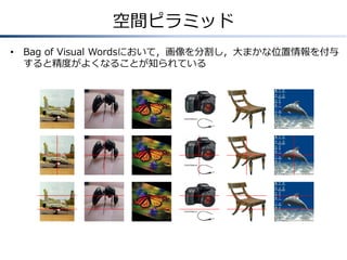 空間ピラミッド
• Bag of Visual Wordsにおいて，画像を分割し，大まかな位置情報を付与
すると精度がよくなることが知られている

 