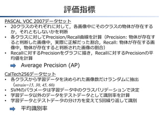 評価指標
PASCAL VOC 2007データセット
• 20クラスのそれぞれに対して，各画像中にそのクラスの物体が存在する
か，それともしないかを判断
• 各クラスに対してPrecision/Recall曲線を計算（Precision: 物体が存在す
ると判断した画像中，実際に正解だった割合，Recall: 物体が存在する画
像中，物体が存在すると判断された画像の割合）
• Recallに対するPrecisionをグラフに描き，Recallに対するPrecisionの平
均値を計算

Average Precision (AP)
CalTech256データセット
• 各クラスから学習データを決められた画像数だけランダムに抽出
（ntrain=15, 30, 45, 60)
• SVMのパラメータは学習データ中のクラスバリデーションで決定
• 学習データ以外のデータをテストデータとして識別率を計算
• 学習データとテストデータの分け方を変えて5回繰り返して識別

平均識別率

 