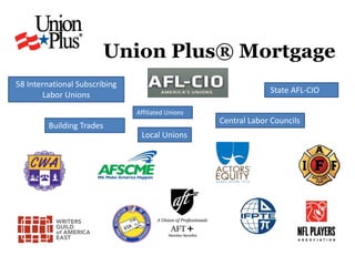 Union Plus® Mortgage
State AFL-CIO
Central Labor Councils
Local Unions
58 International Subscribing
Labor Unions
Building Trades
Affiliated Unions
 
