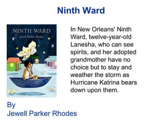 Ninth Ward
                  In New Orleans' Ninth
                  Ward, twelve-year-old
                  Lanesha, who can see
                  spirits, and her adopted
                  grandmother have no
                  choice but to stay and
                  weather the storm as
                  Hurricane Katrina bears
                  down upon them.

By
Jewell Parker Rhodes
 