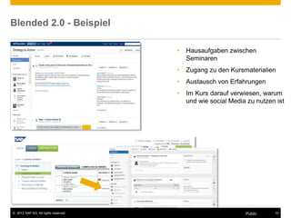 © 2013 SAP AG. All rights reserved. 19Public
Blended 2.0 - Beispiel
• Hausaufgaben zwischen
Seminaren
• Zugang zu den Kursmaterialien
• Austausch von Erfahrungen
• Im Kurs darauf verwiesen, warum
und wie social Media zu nutzen ist
 