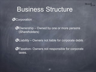 Business Structure
Corporation

  Ownership – Owned by one or more persons
  (Shareholders)

  Liability – Owners not liable for corporate debts

  Taxation- Owners not responsible for corporate
  taxes.




                        21
 