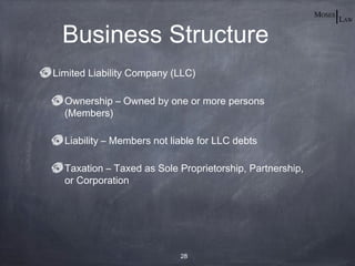 Business Structure
Limited Liability Company (LLC)

  Ownership – Owned by one or more persons
  (Members)

  Liability – Members not liable for LLC debts

  Taxation – Taxed as Sole Proprietorship, Partnership,
  or Corporation




                            28
 