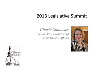 2013 Legislative Summit

 Charla Slabotsky
Senior Vice President of
    Government Affairs
 