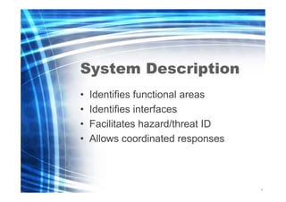 System Description
•
•
•
•

Identifies functional areas
Identifies interfaces
Facilitates hazard/threat ID
Allows coordinated responses

1
2

 